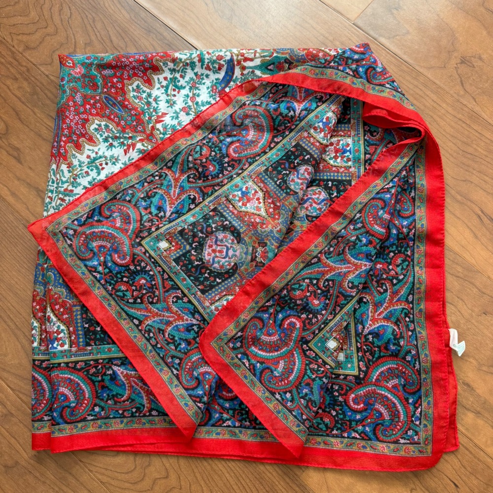 Vintage Paisley Floral Silk Scarf Red Blue Boho Made In Italy Neckerchief 31"